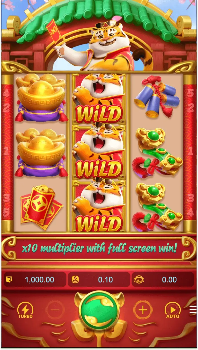Captura de tela do Jogo do Tigrinho mostrando a grade 3x3 e os símbolos do Fortune Tiger em jogo